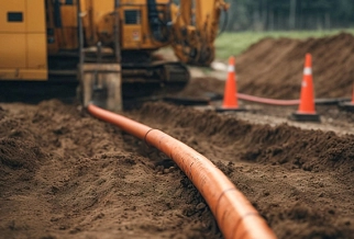 Glasfaserausbau Glasfaserausbau - Bagger verlegt Glasfaserkabel in der Erde